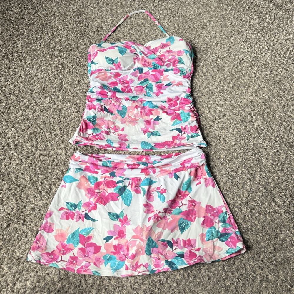 Tommy Bahama Tankini Swim Set Pink Floral Skirted Bikini Bottom M Top L Tropical